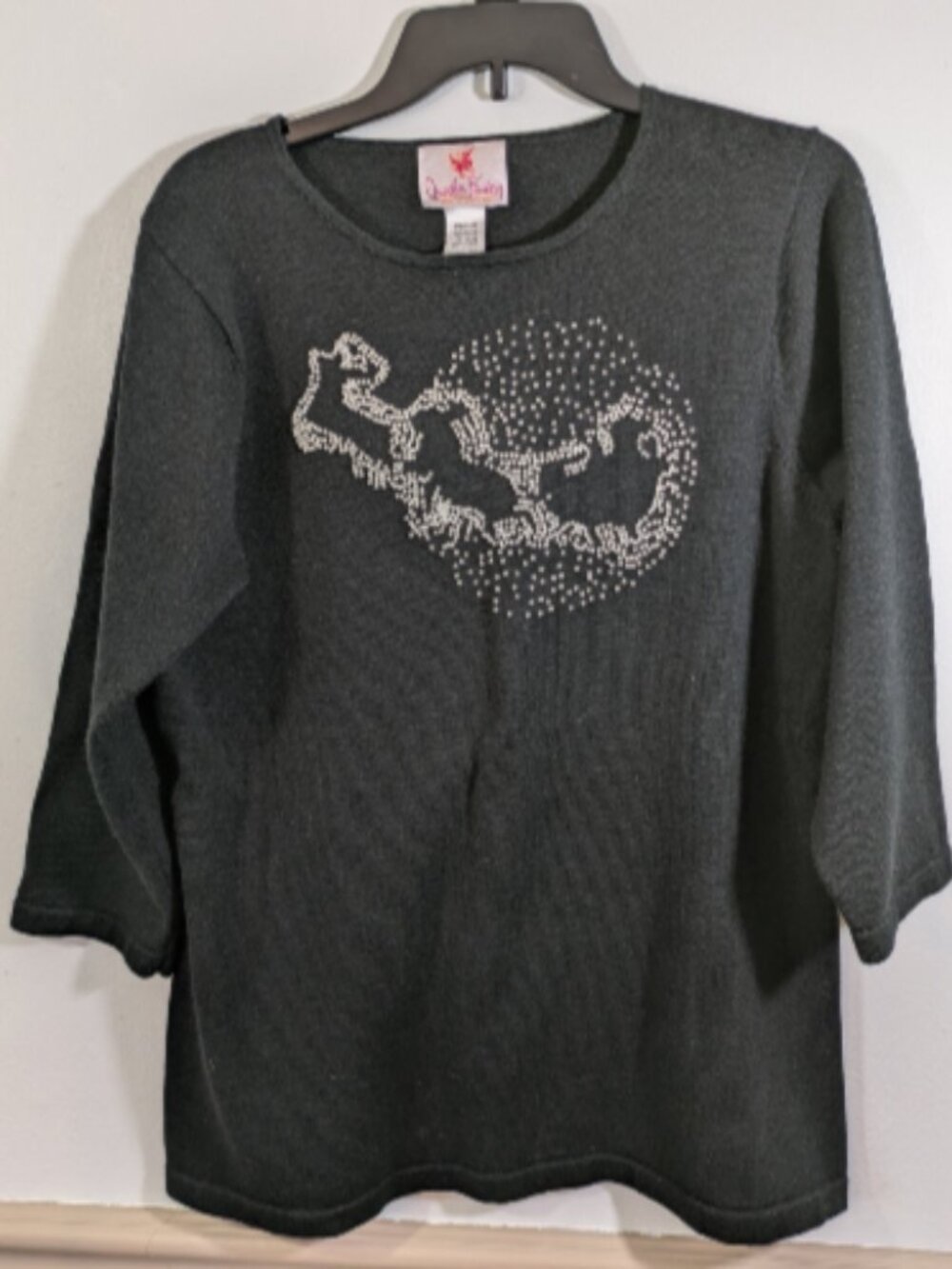 The Quacker Factory Sweater Black w/Pearl Beads Santa Holiday Womens M